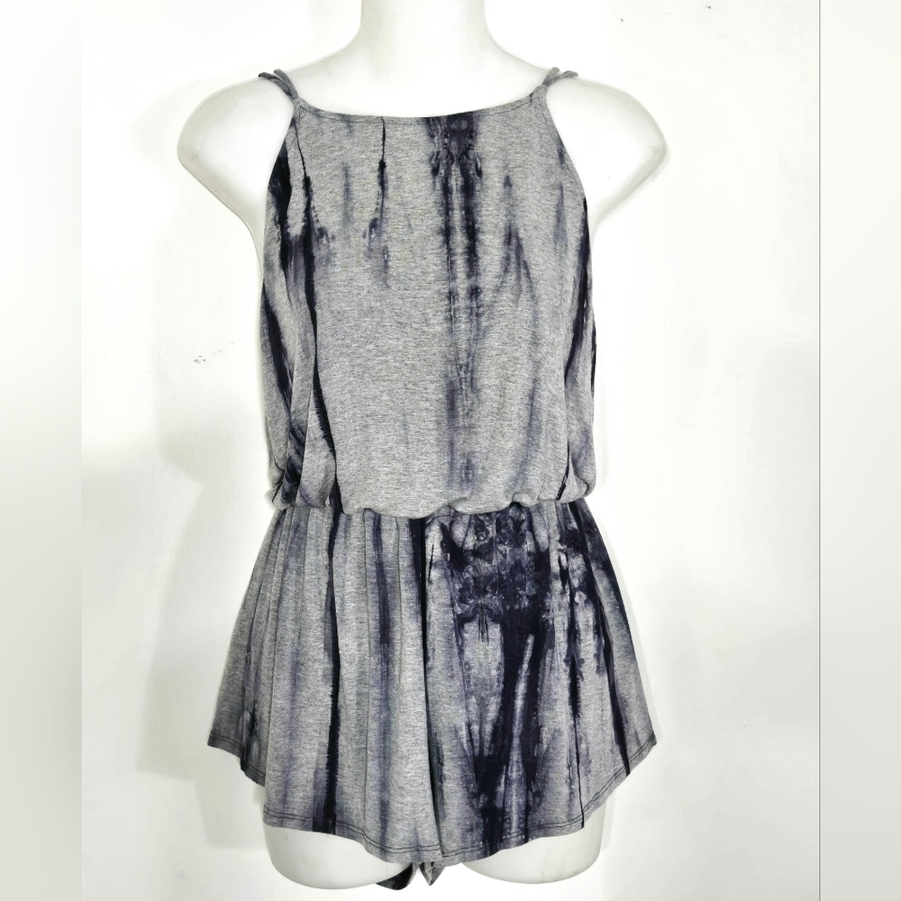 Gray and Dark Blue Tie-Dye Open-Back Romper